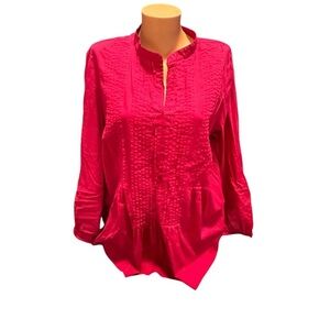 Talbots Women's Plus Size 1X Red Tunic Blouse Pleated Button Sleeve 100% Cotton